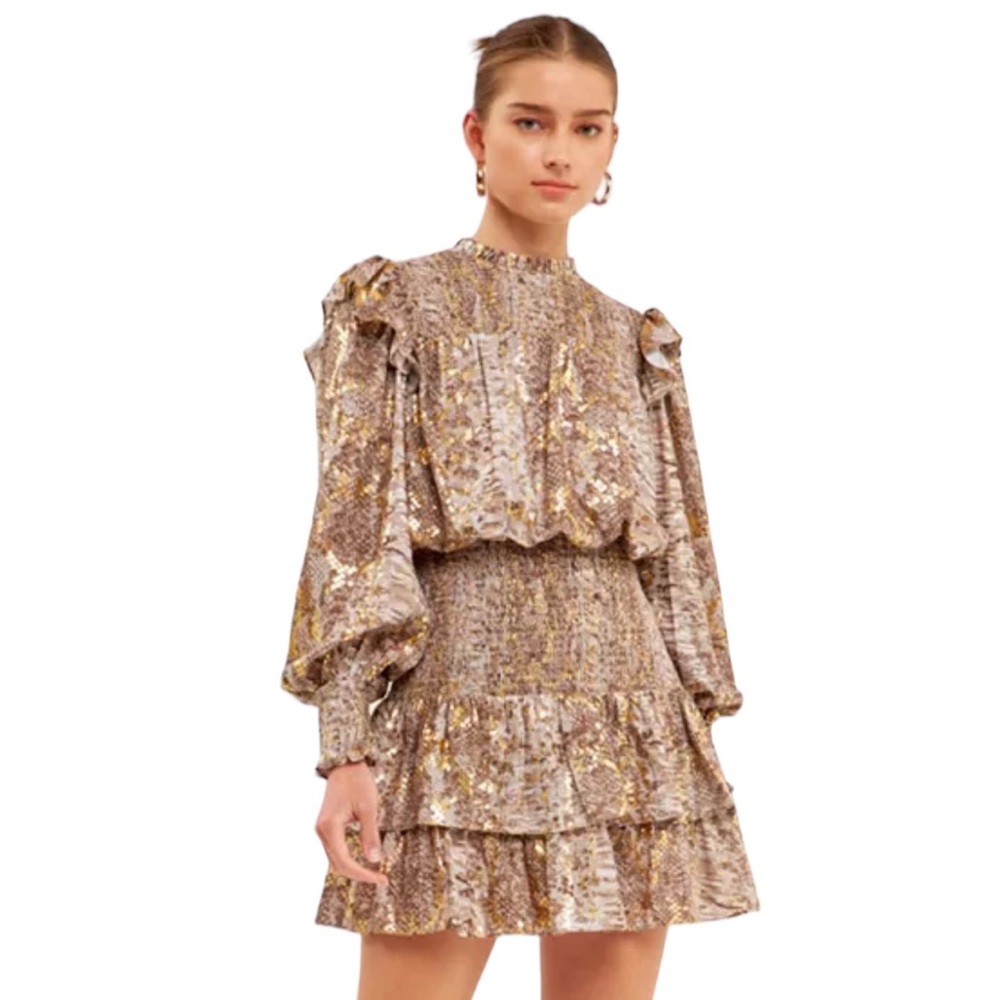 Endless Rose Metallic Animal Print Mini Dress Sz S Gold Ruffles Tier Long Sleeve